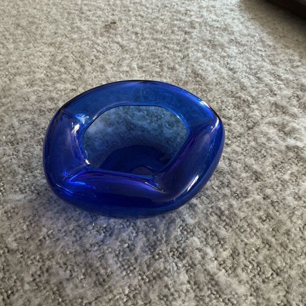 Vintage Viking Bluenique Art Glass Tripod Orb Ashtray 5” Cobalt Blue MCM